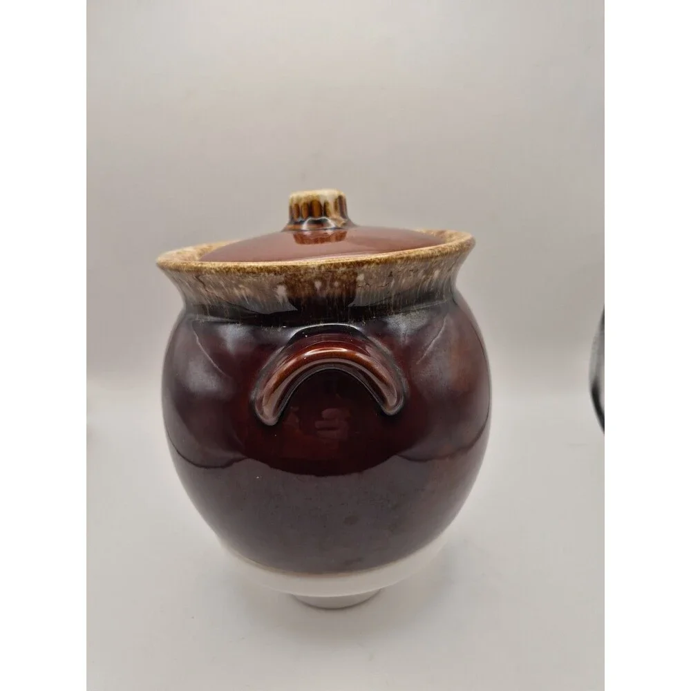 Hull Pottery Bean Pot Brown Drip Glaze Crock Jar Oven Proof Vintage Made In USA